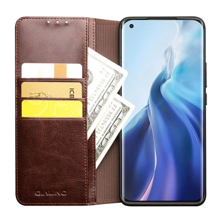 QIALINO Folio Flip Genuine Leather Case for Xiaomi Mi 11, Foldable Stand Wallet Phone Cover - Brown