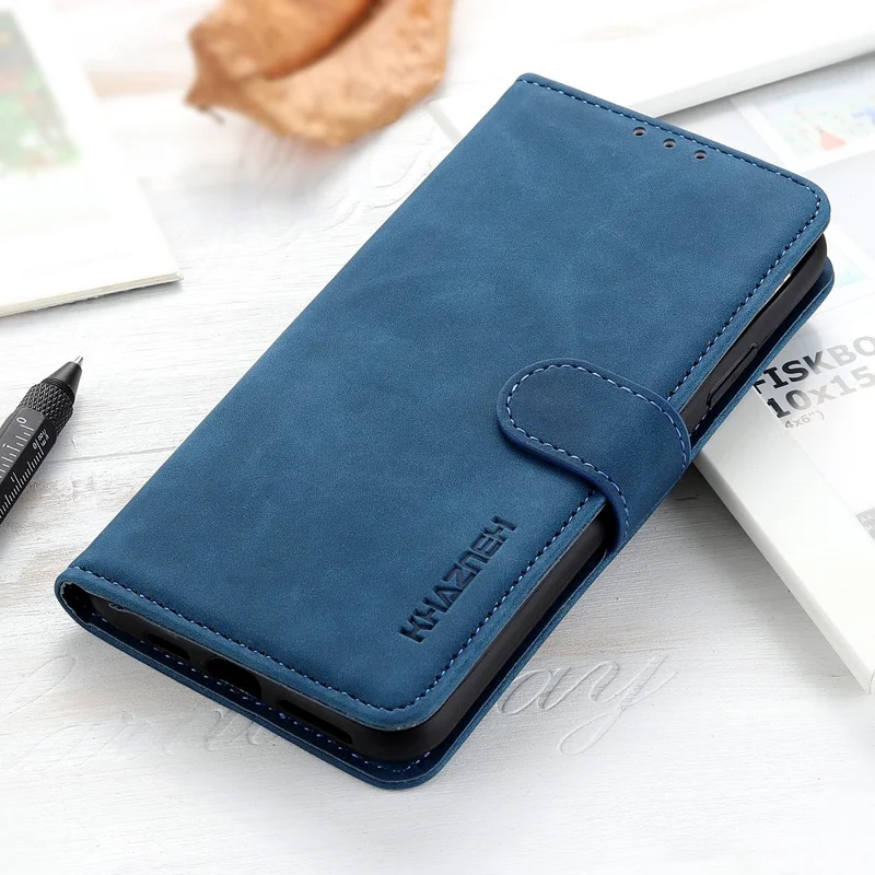 KHAZNEH Wallet Design Retro Style Folio Flip PU Leather Case Shell for Xiaomi Poco M5s 4G / Redmi Note 10 4G / Note 10S 4G - Blue