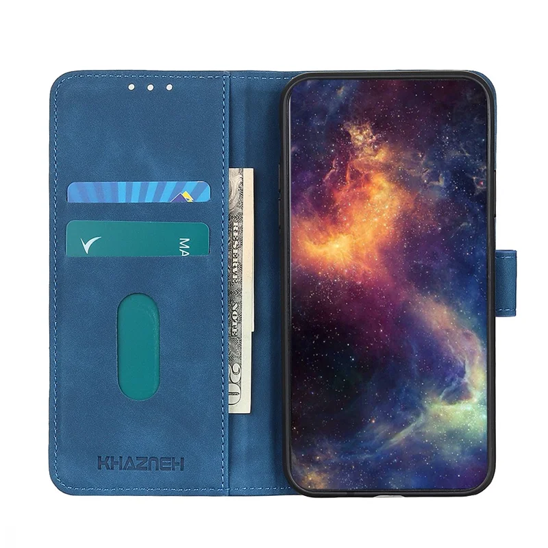 KHAZNEH Wallet Design Retro Style Folio Flip PU Leather Case Shell for Xiaomi Poco M5s 4G / Redmi Note 10 4G / Note 10S 4G - Blue