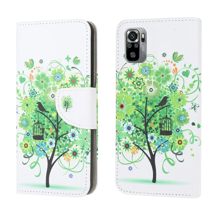 Pattern Printing Cross Texture Leather Wallet Stand Case Shell for Xiaomi Poco M5s 4G / Redmi Note 10 4G / Note 10S 4G - Green Tree