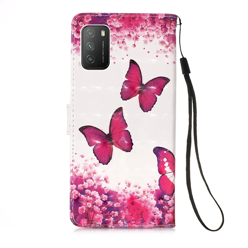 Capa de Telemóvel em Pele com Suporte Carteira e Estampa em 3D, Cor Vermelha-Rosa com Borboleta, para Xiaomi Poco M3 / Redmi Note 9 4G (Qualcomm) / Redmi 9 Power / Redmi 9T