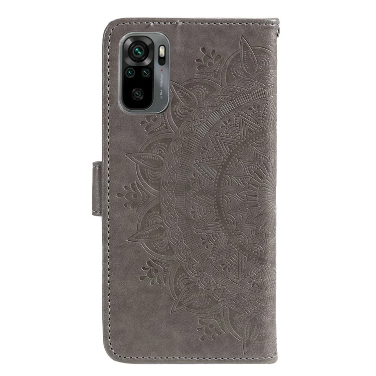 Imprinted Mandala Flower Wallet Leather Case with Strap for Xiaomi Poco M5s 4G / Redmi Note 10 4G / Note 10S 4G - Grey