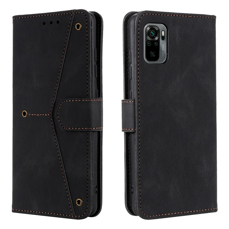 غطاء واقي من الجلد مزدوج القطعة بتصميم أنيق مع دبابيس تزيين لجهاز Xiaomi Poco M5s 4G / Redmi Note 10 4G / Note 10S 4G - أسود