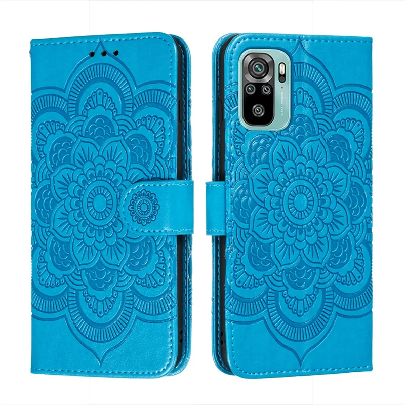 Imprint Mandala Flower Stand Leather Phone Case for Xiaomi Poco M5s 4G / Redmi Note 10 4G / Note 10S 4G - Blue