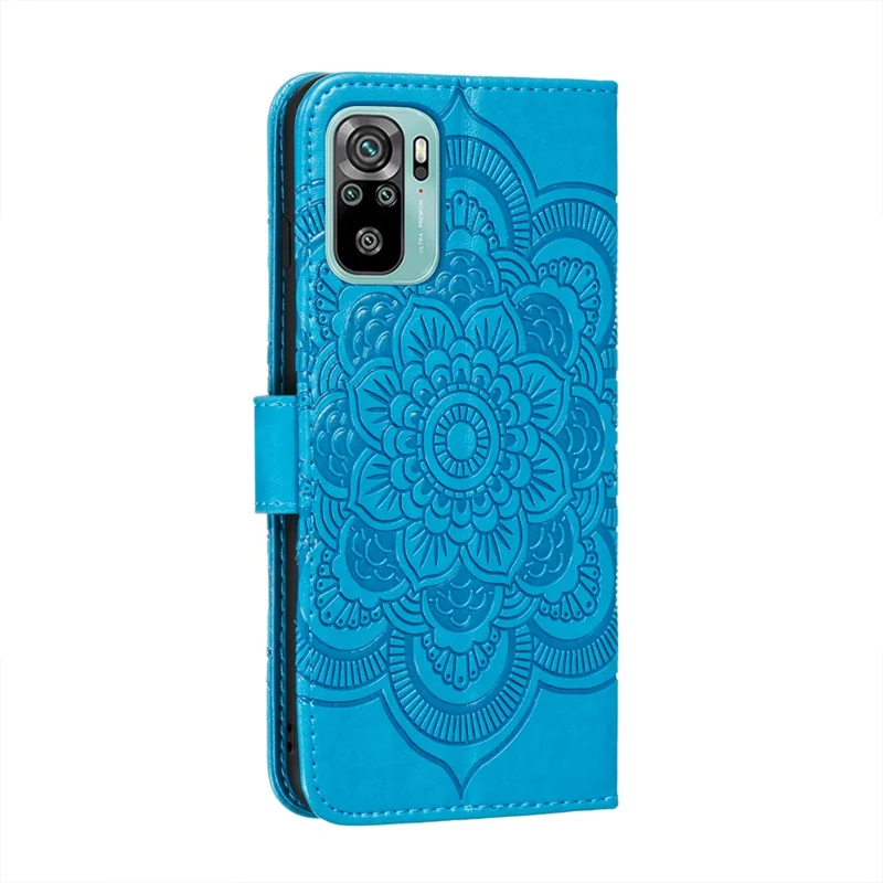 Imprint Mandala Flower Stand Leather Phone Case for Xiaomi Poco M5s 4G / Redmi Note 10 4G / Note 10S 4G - Blue