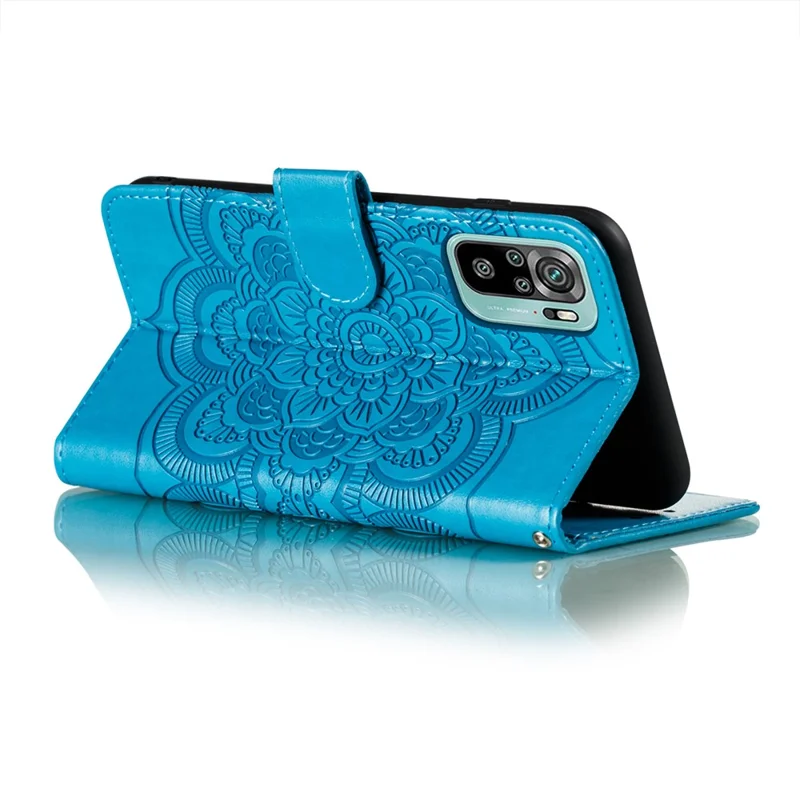 Imprint Mandala Flower Stand Leather Phone Case for Xiaomi Poco M5s 4G / Redmi Note 10 4G / Note 10S 4G - Blue