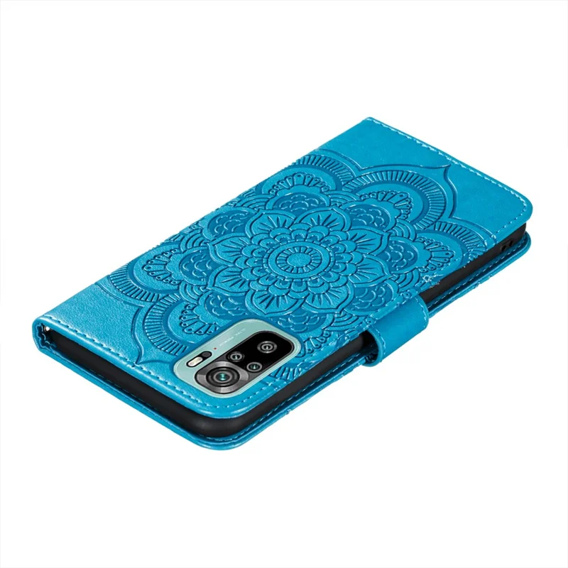 Imprint Mandala Flower Stand Leather Phone Case for Xiaomi Poco M5s 4G / Redmi Note 10 4G / Note 10S 4G - Blue