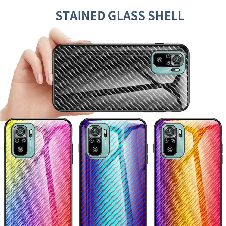 Carbon Fiber Texture Design Tempered Glass Phone Back Cover Case for Xiaomi Poco M5s 4G / Redmi Note 10 4G / Note 10S 4G Anti-Drop Protective Shell - Blue Fiber