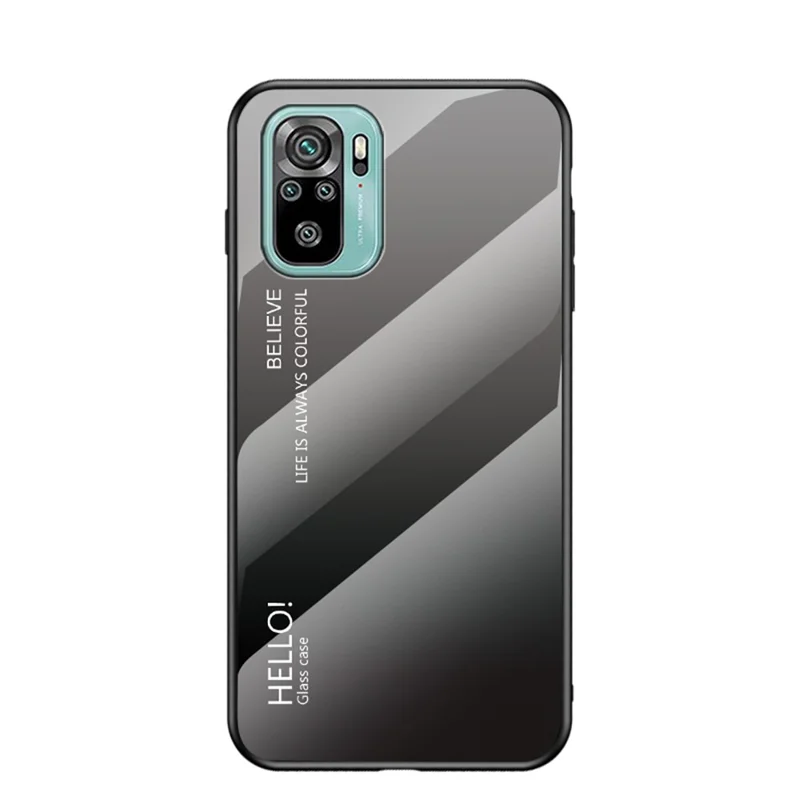 Anti-Scratch TPU Frame Color Gradient Design Tempered Glass Cell Phone Back Case for Xiaomi Poco M5s 4G / Redmi Note 10 4G / Note 10S 4G - Grey / Black