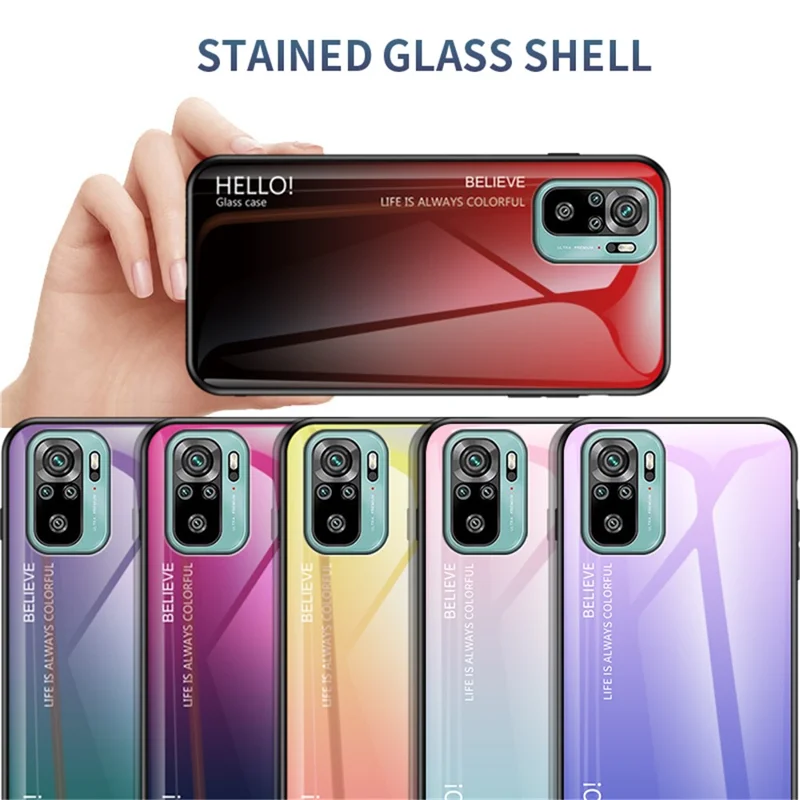 Anti-Scratch TPU Frame Color Gradient Design Tempered Glass Cell Phone Back Case for Xiaomi Poco M5s 4G / Redmi Note 10 4G / Note 10S 4G - Grey / Black