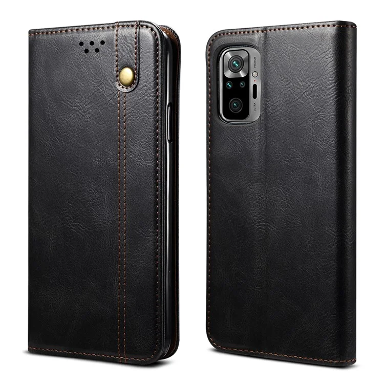 Oil Wax Surface PU Leather+TPU Wallet Stand Phone Cover for Xiaomi Redmi Note 10 4G (Internal)  / Note 10S (Foreign) - Black