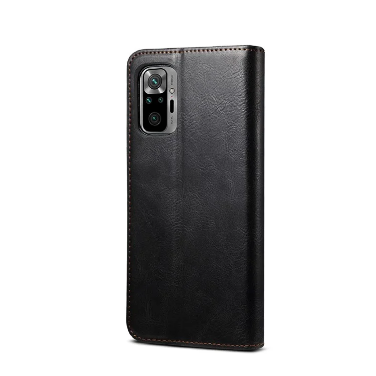 Oil Wax Surface PU Leather+TPU Wallet Stand Phone Cover for Xiaomi Redmi Note 10 4G (Internal)  / Note 10S (Foreign) - Black