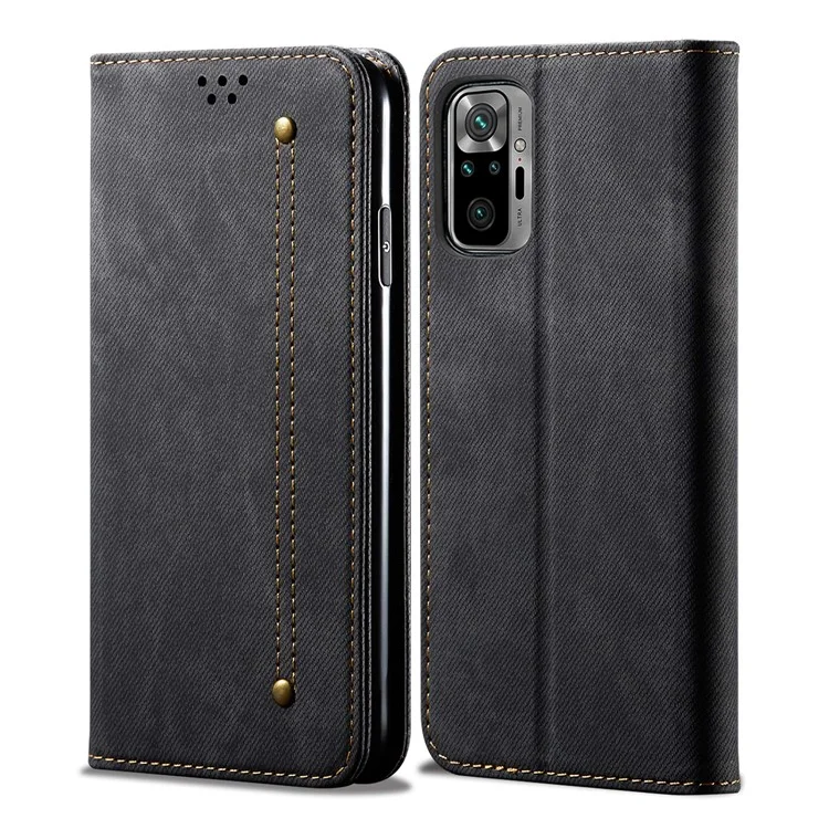 Pantalones Vaqueros Tela Textura Estilo De Ocio Cubierta Cubierta De Cartera Soporte Para Xiaomi Redmi Note 10 4G / Note 10s - Negro