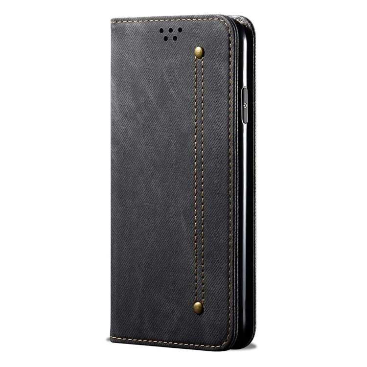 Jeans Cloth Texture Leisure Style Phone Shell Cover Wallet Stand for Xiaomi Poco M5s 4G / Redmi Note 10 4G / Note 10S 4G - Black