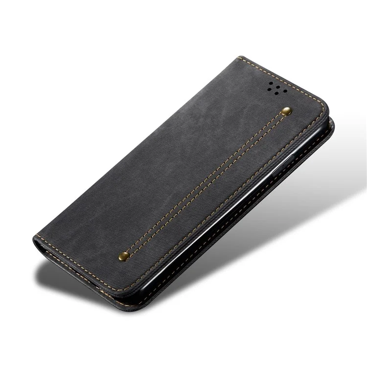 Jeans Tuch Textur Freizeitstil Telefon Shell Cover Wallet Stand Für Xiaomi Redmi Anmerkung 10 4G / Anmerkung 10s - Schwarz