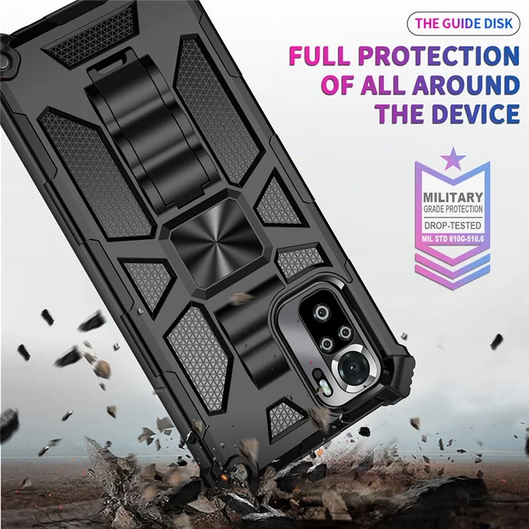 Armor Shockproof Kickstand PC TPU Phone Case with Magnetic Metal Sheet for Xiaomi Poco M5s 4G / Redmi Note 10 4G / Note 10S 4G  - Black