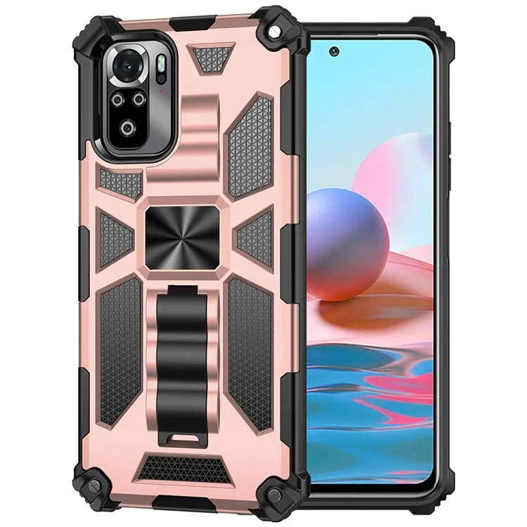Armor Shockproof Kickstand PC TPU Phone Case with Magnetic Metal Sheet for Xiaomi Poco M5s 4G / Redmi Note 10 4G / Note 10S 4G  - Rose Gold