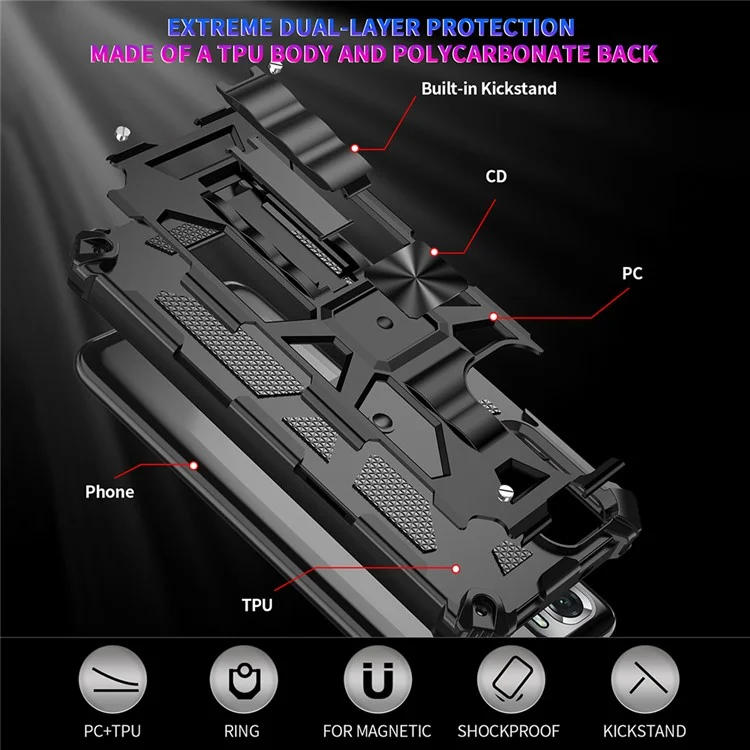 Armor Shockproof Kickstand PC TPU Phone Case with Magnetic Metal Sheet for Xiaomi Poco M5s 4G / Redmi Note 10 4G / Note 10S 4G  - Rose Gold