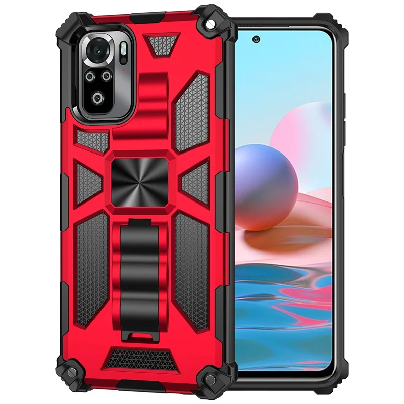 Armor Shockproof Kickstand PC TPU Phone Case with Magnetic Metal Sheet for Xiaomi Poco M5s 4G / Redmi Note 10 4G / Note 10S 4G  - Red