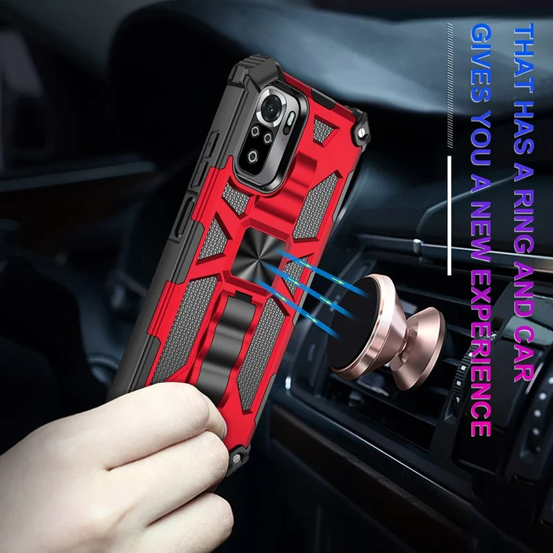 Armor Shockproof Kickstand PC TPU Phone Case with Magnetic Metal Sheet for Xiaomi Poco M5s 4G / Redmi Note 10 4G / Note 10S 4G  - Red
