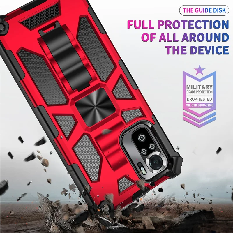 Armor Shockproof Kickstand PC TPU Phone Case with Magnetic Metal Sheet for Xiaomi Poco M5s 4G / Redmi Note 10 4G / Note 10S 4G  - Red
