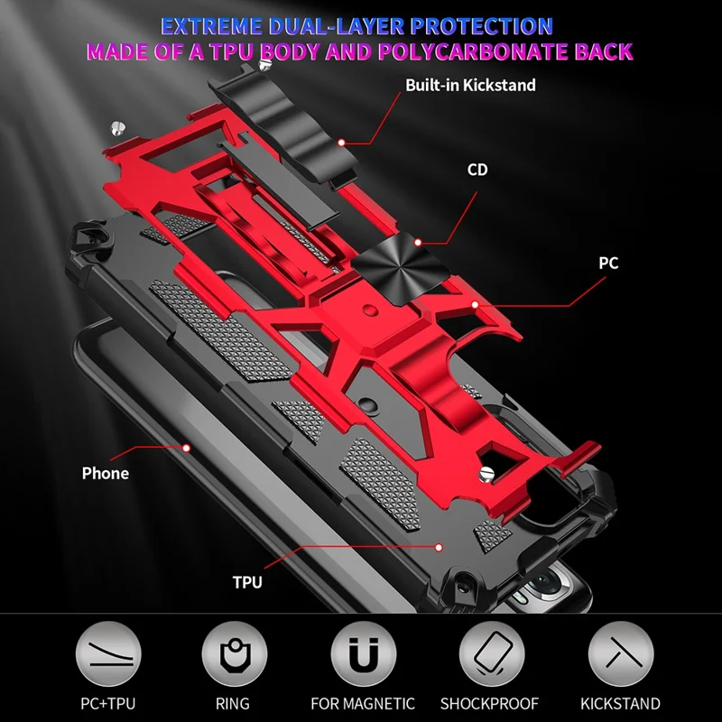 Armor Shockproof Kickstand PC TPU Phone Case with Magnetic Metal Sheet for Xiaomi Poco M5s 4G / Redmi Note 10 4G / Note 10S 4G  - Red