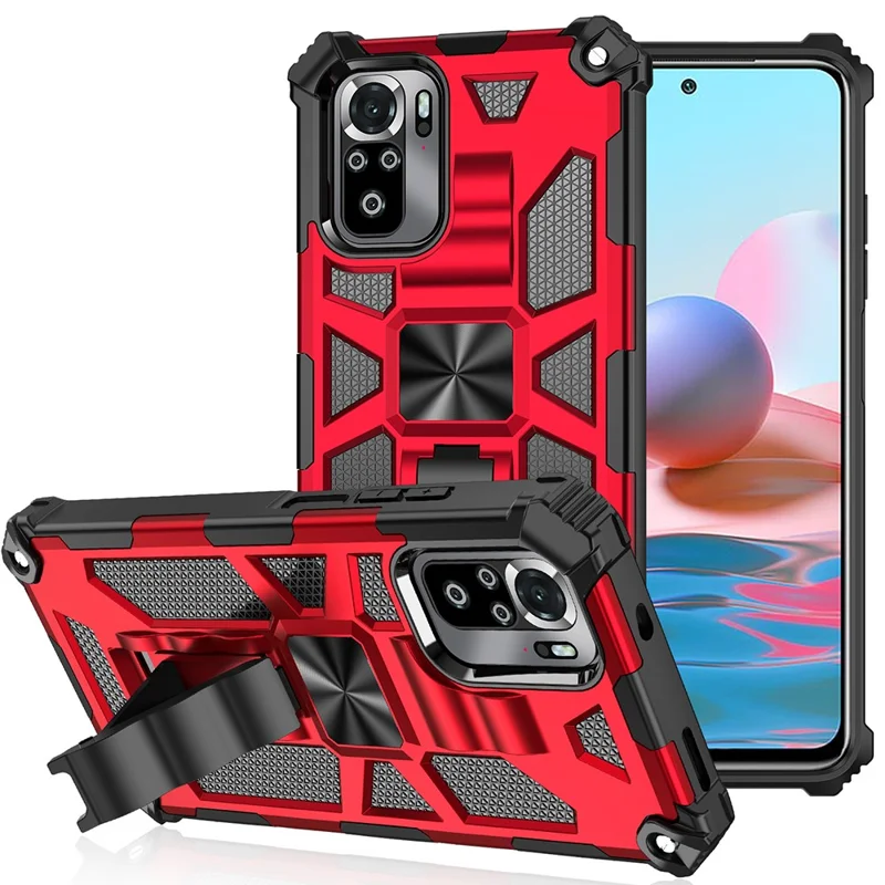 Armor Shockproof Kickstand PC TPU Phone Case with Magnetic Metal Sheet for Xiaomi Poco M5s 4G / Redmi Note 10 4G / Note 10S 4G  - Red