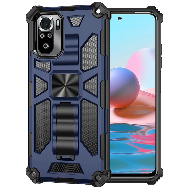 Armor Shockproof Kickstand PC TPU Phone Case with Magnetic Metal Sheet for Xiaomi Poco M5s 4G / Redmi Note 10 4G / Note 10S 4G  - Blue