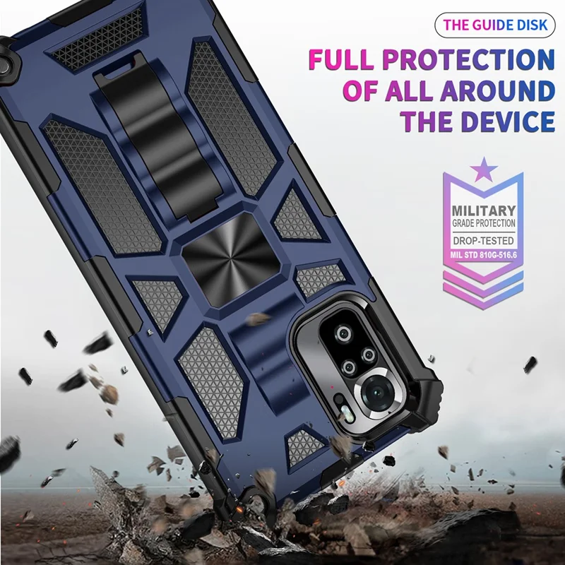 Armor Shockproof Kickstand PC TPU Phone Case with Magnetic Metal Sheet for Xiaomi Poco M5s 4G / Redmi Note 10 4G / Note 10S 4G  - Blue