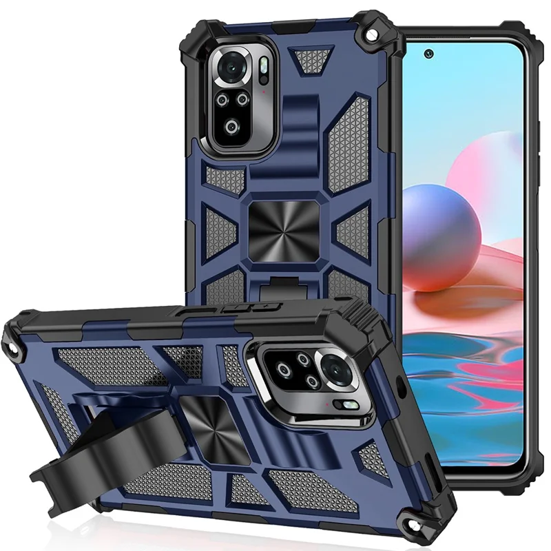 Armor Shockproof Kickstand PC TPU Phone Case with Magnetic Metal Sheet for Xiaomi Poco M5s 4G / Redmi Note 10 4G / Note 10S 4G  - Blue