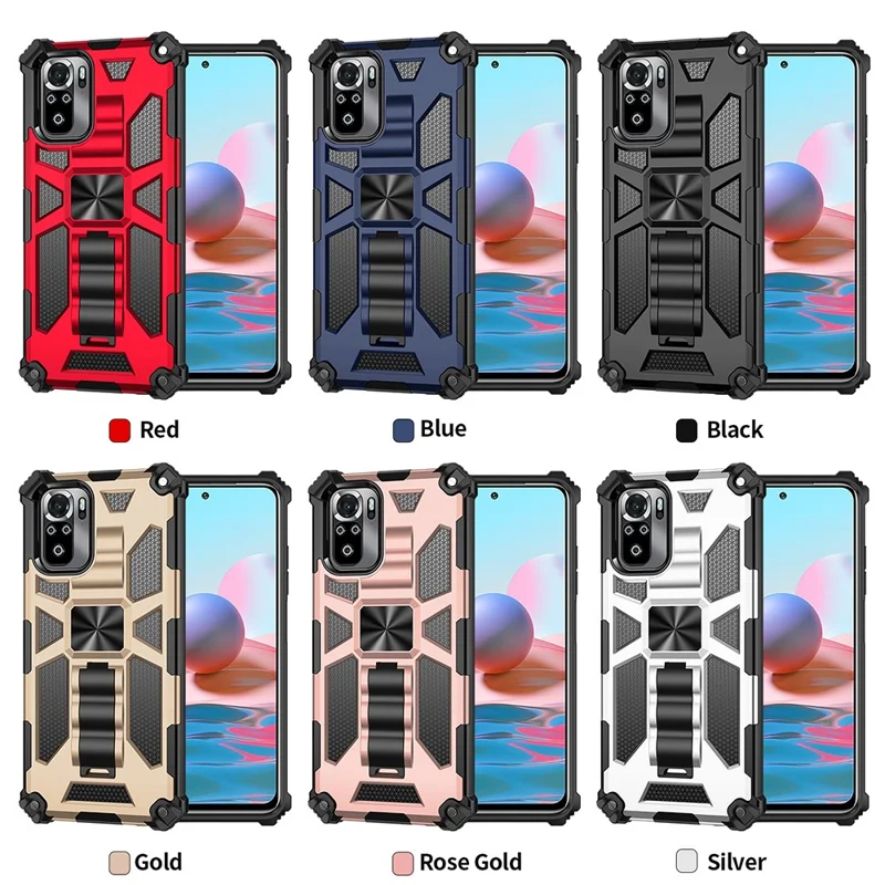 Armor Shockproof Kickstand PC TPU Phone Case with Magnetic Metal Sheet for Xiaomi Poco M5s 4G / Redmi Note 10 4G / Note 10S 4G  - Blue