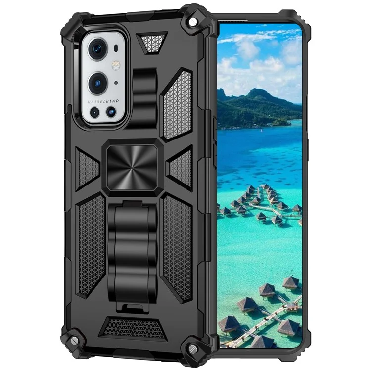 Armor Shockproof Kickstand PC TPU Phone Case with Magnetic Metal Sheet for OnePlus 9 Pro - Black