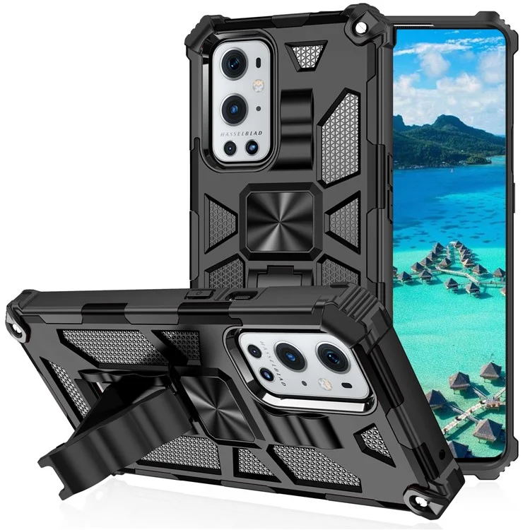 Armor Shockproof Kickstand PC TPU Phone Case with Magnetic Metal Sheet for OnePlus 9 Pro - Black