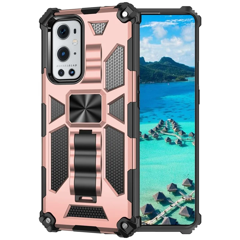 Armor Shockproof Kickstand PC TPU Phone Case with Magnetic Metal Sheet for OnePlus 9 Pro - Rose Gold