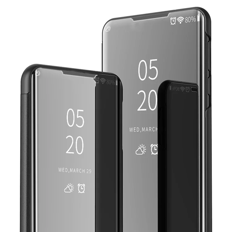 Case de Cuero de Superficie de Espejo Platado Para Xiaomi Redmi Nota 10 4g/nota 10S Vista de la Ventana Soporte de Teléfono - Negro