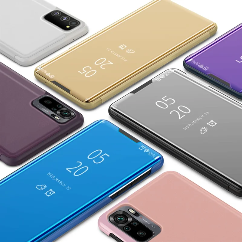 Позолоченный зеркальный кожаный чехол для Xiaomi Poco M5s 4G / Redmi Note 10 4G / Note 10S 4G с окошком и подставкой - Синий