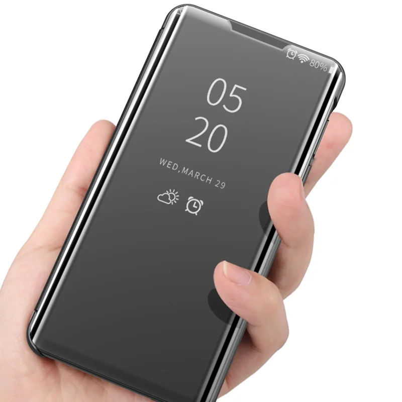 Позолоченный зеркальный кожаный чехол для Xiaomi Poco M5s 4G / Redmi Note 10 4G / Note 10S 4G с окошком и подставкой - Синий