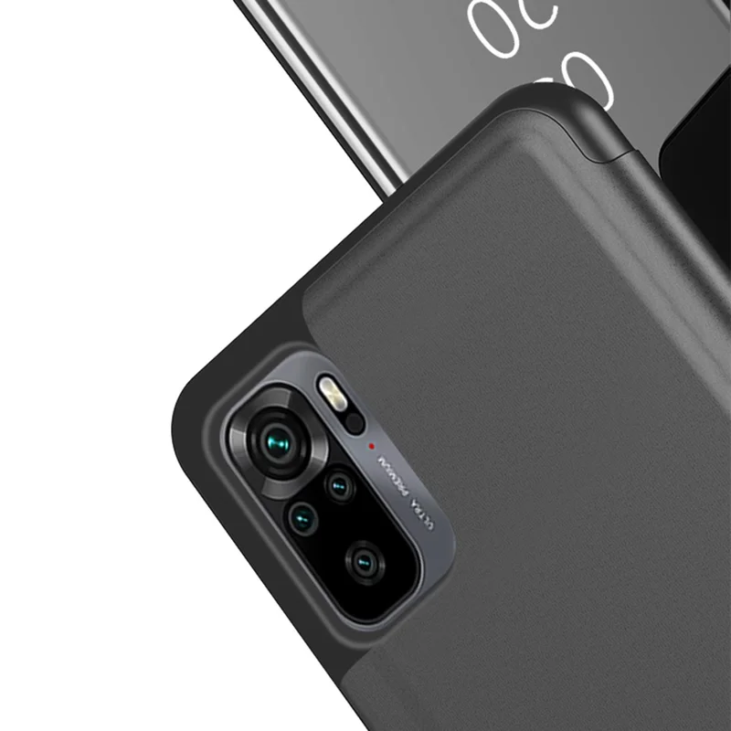 Позолоченный зеркальный кожаный чехол для Xiaomi Poco M5s 4G / Redmi Note 10 4G / Note 10S 4G с окошком и подставкой - Синий