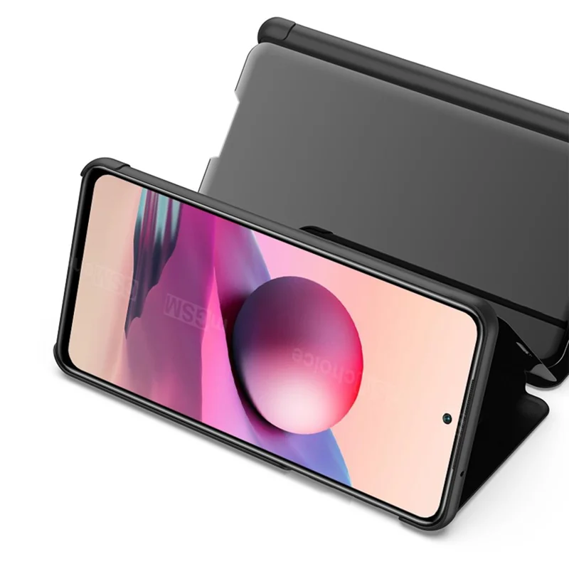 Позолоченный зеркальный кожаный чехол для Xiaomi Poco M5s 4G / Redmi Note 10 4G / Note 10S 4G с окошком и подставкой - Синий