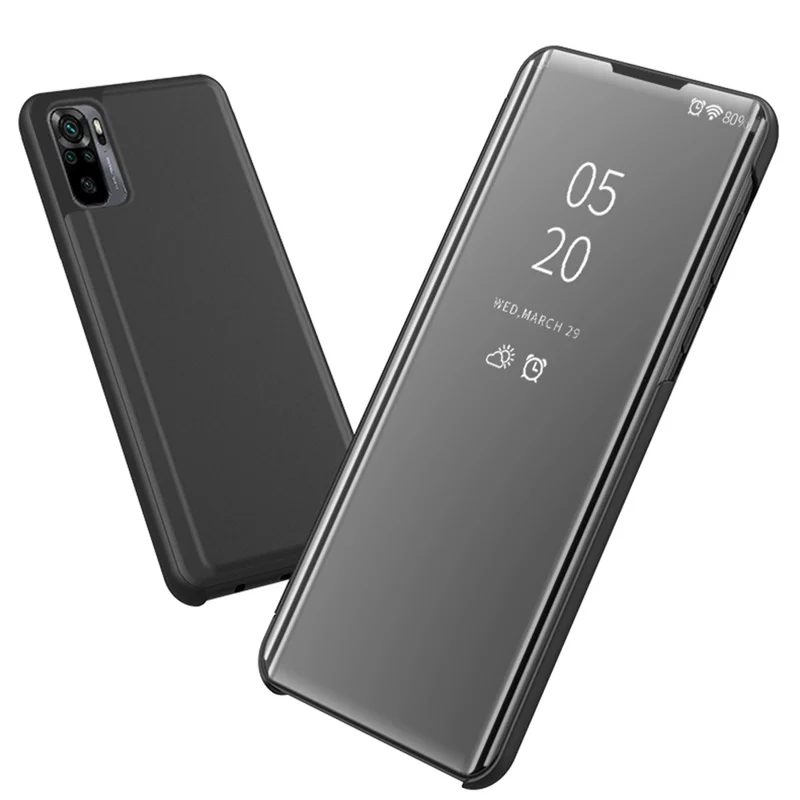 Позолоченный зеркальный кожаный чехол для Xiaomi Poco M5s 4G / Redmi Note 10 4G / Note 10S 4G с окошком и подставкой - Синий
