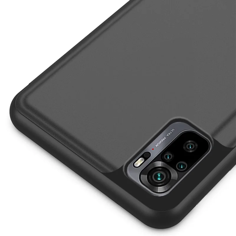 Позолоченный зеркальный кожаный чехол для Xiaomi Poco M5s 4G / Redmi Note 10 4G / Note 10S 4G с окошком и подставкой - Синий