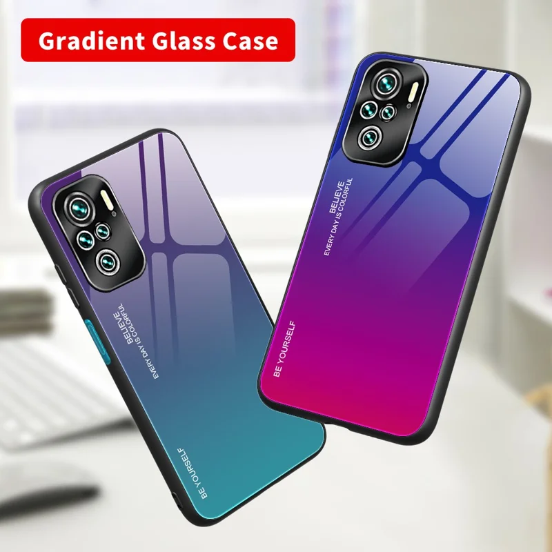 Color Gradient Pattern Tempered Glass Phone Back Case Shell for Xiaomi Poco M5s 4G / Redmi Note 10 4G / Note 10S 4G - Purple / Blue