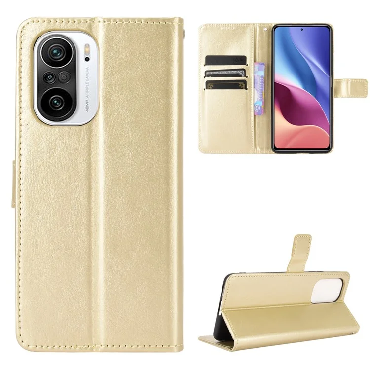 Crazy Horse Texture Wallet Design PU Leather Stand Protector Cover for Xiaomi Redmi K40 Pro / Redmi K40 / Redmi K40 Pro+ / Mi 11i / Poco F3 - Gold