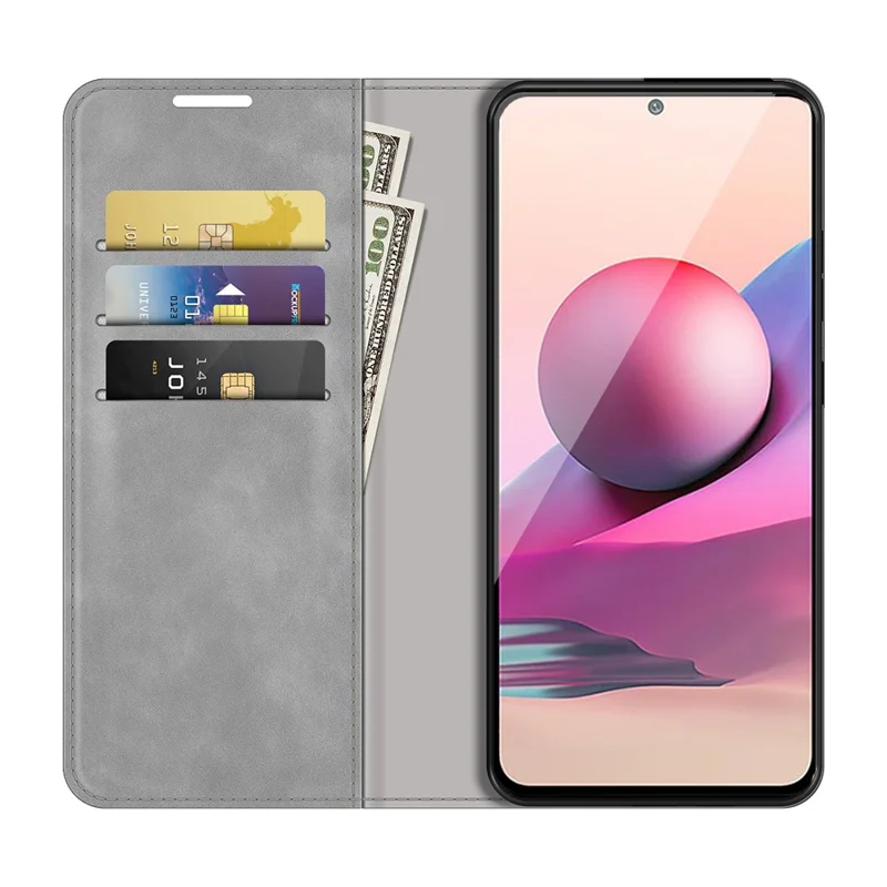 Wallet Stand Design Skin-Touch Leather Case for Xiaomi Poco M5s 4G / Redmi Note 10 4G / Note 10S 4G - Grey