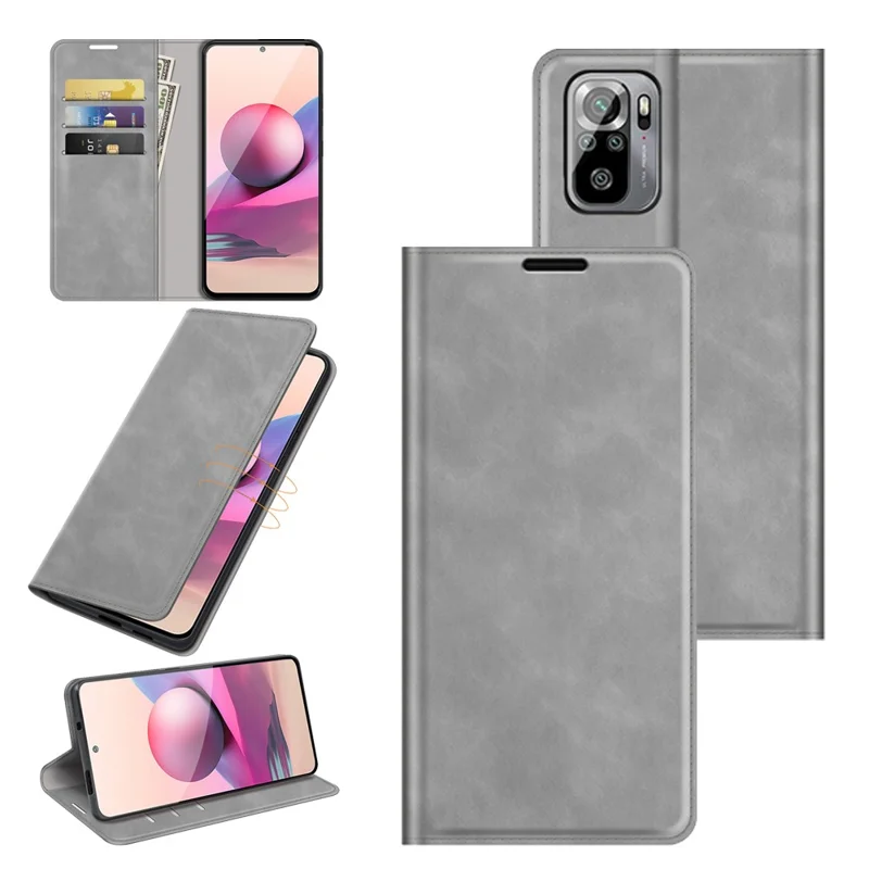 Wallet Stand Design Skin-Touch Leather Case for Xiaomi Poco M5s 4G / Redmi Note 10 4G / Note 10S 4G - Grey