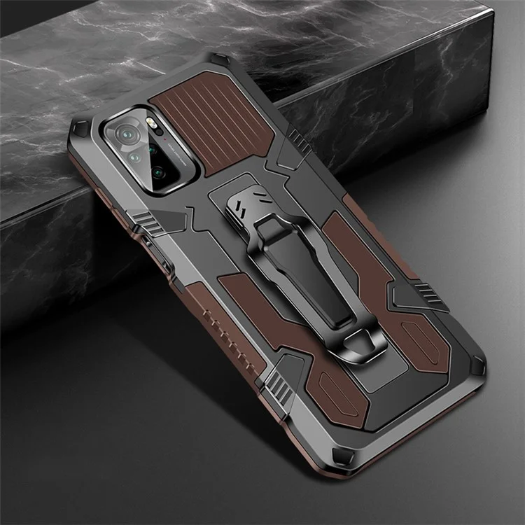 Étui hybride en plastique + TPU + métal anti-chute avec support pour Xiaomi Poco M5s 4G / Redmi Note 10 4G / Note 10S 4G - Café