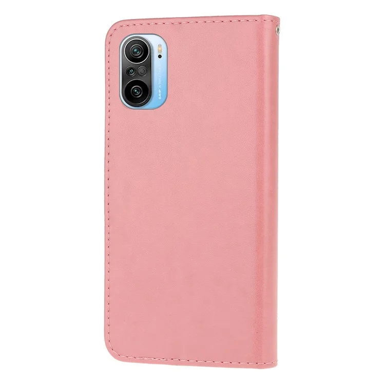 Empreinte Papillon de Fleur de Fleur du Portefeuille du Support de Téléphone Couvercle de Téléphone Pour Xiaomi Poco F3 / Redmi K40 Pro / Redmi K40 / Redmi K40 Pro + / mi 11i - Rose