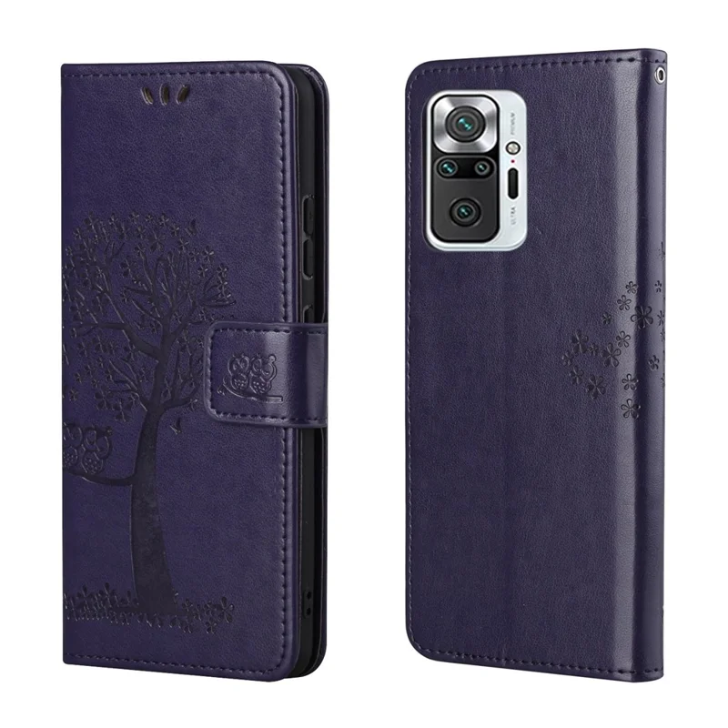 Portfelik z motywem drzewa i sowy, stylowa skórzana obudowa z nadrukiem na zewnątrz i wewnątrz, przypadająca do serii Xiaomi Redmi Note 10 Pro 4G (Indie)/(Global)/Note 10 Pro Max - ciemnoniebieska