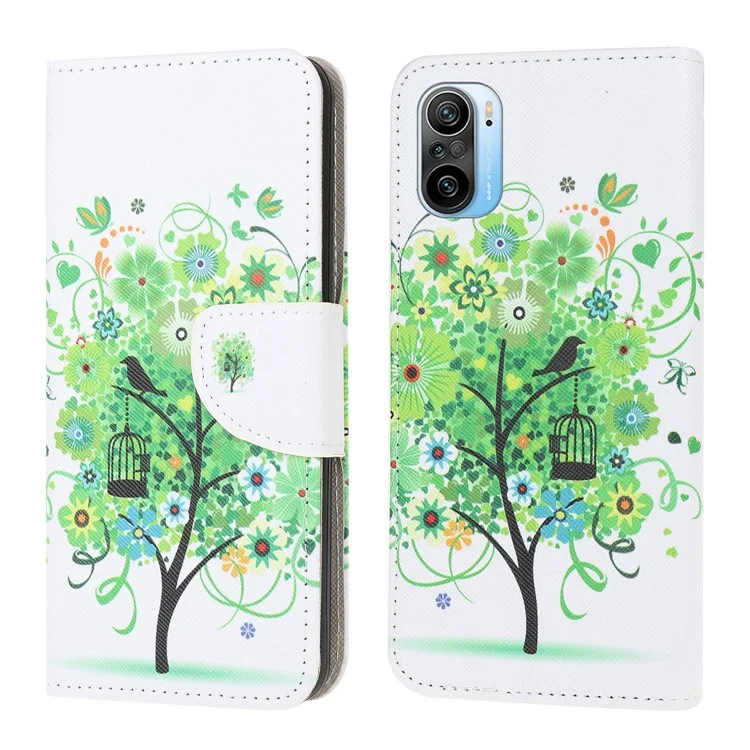 Wallet Design Pattern Printing Cross Texture Leather Phone Case for Xiaomi Redmi K40/K40 Pro/K40 Pro+/Mi 11i/Poco F3 - Green Tree