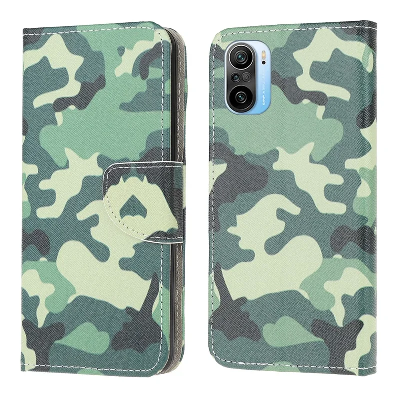 Wallet Design Pattern Printing Cross Texture Leather Phone Case for Xiaomi Redmi K40/K40 Pro/K40 Pro+/Mi 11i/Poco F3 - Camouflage